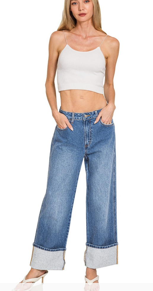 High Rise Cuffed Wide Leg Jeans