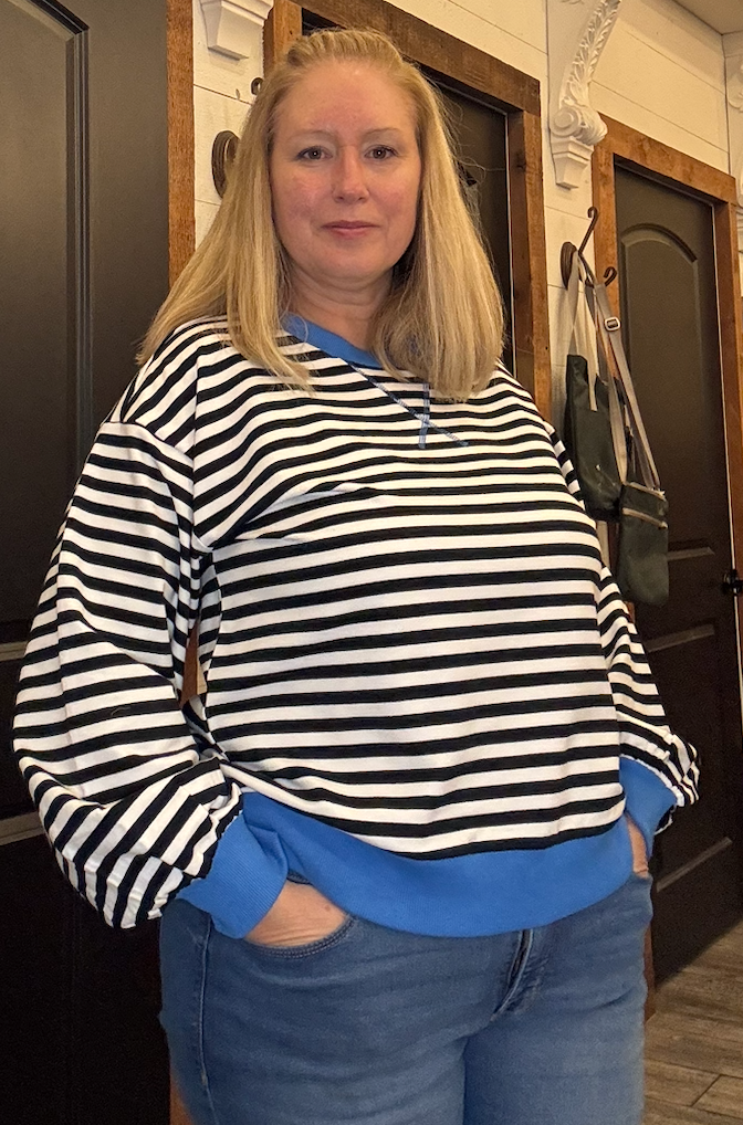 V-notched Neckline Stripe Sweatshirt