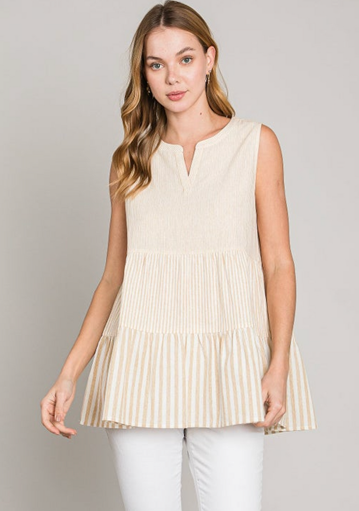 Cotton Contrast Detailed Stripes Tiered Top