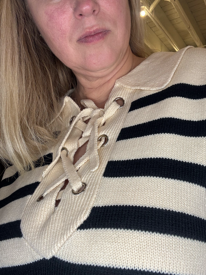 Womens Lace Up Collared Striped Sweater