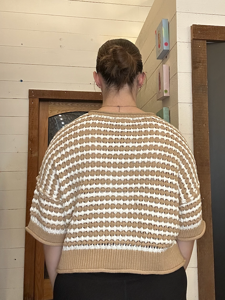 Khaki Stripe Short Sleeve Crochet Knit Cardigan