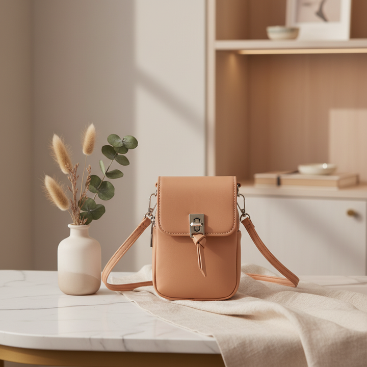 Tan Mini Crossbody Phone Bag - Boutique Lifestyle Background