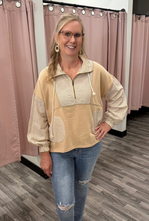 Camel Stripe Mix Half-Zip Sweatshirt