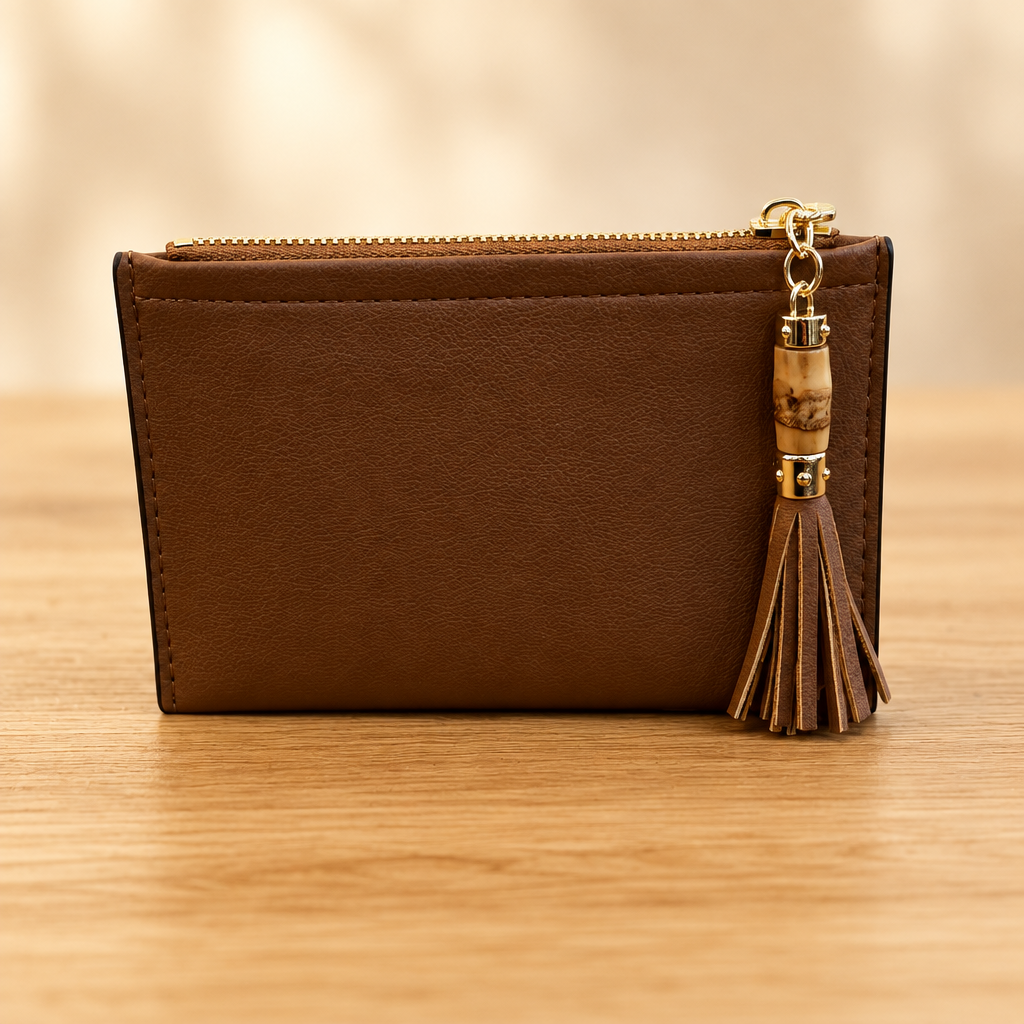 Brown zippered pouch with gold hardware and tassel on a warm wooden table against a soft neutral background
