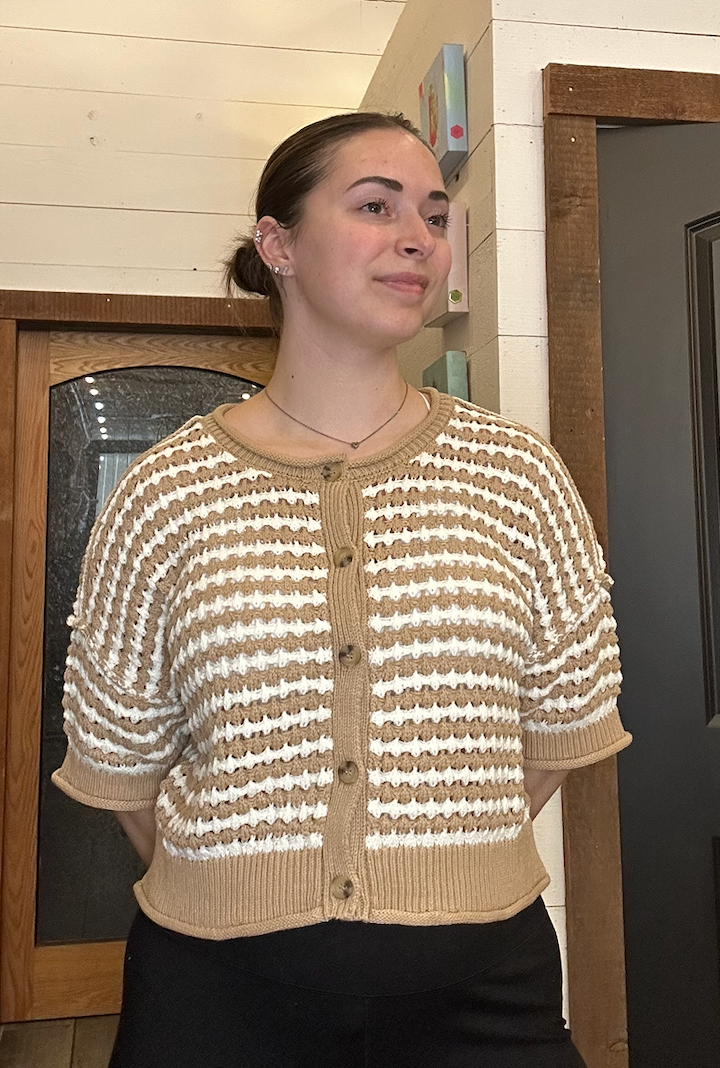 Khaki Stripe Short Sleeve Crochet Knit Cardigan