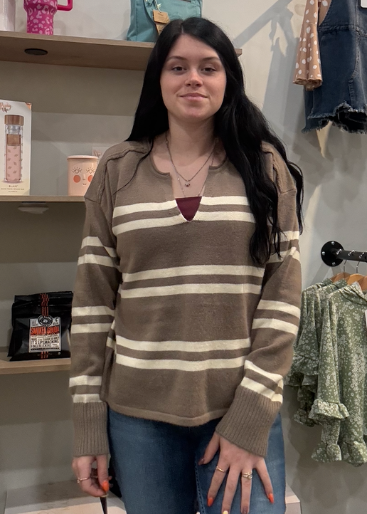 Mocha/Cream Notched Neck Sweater