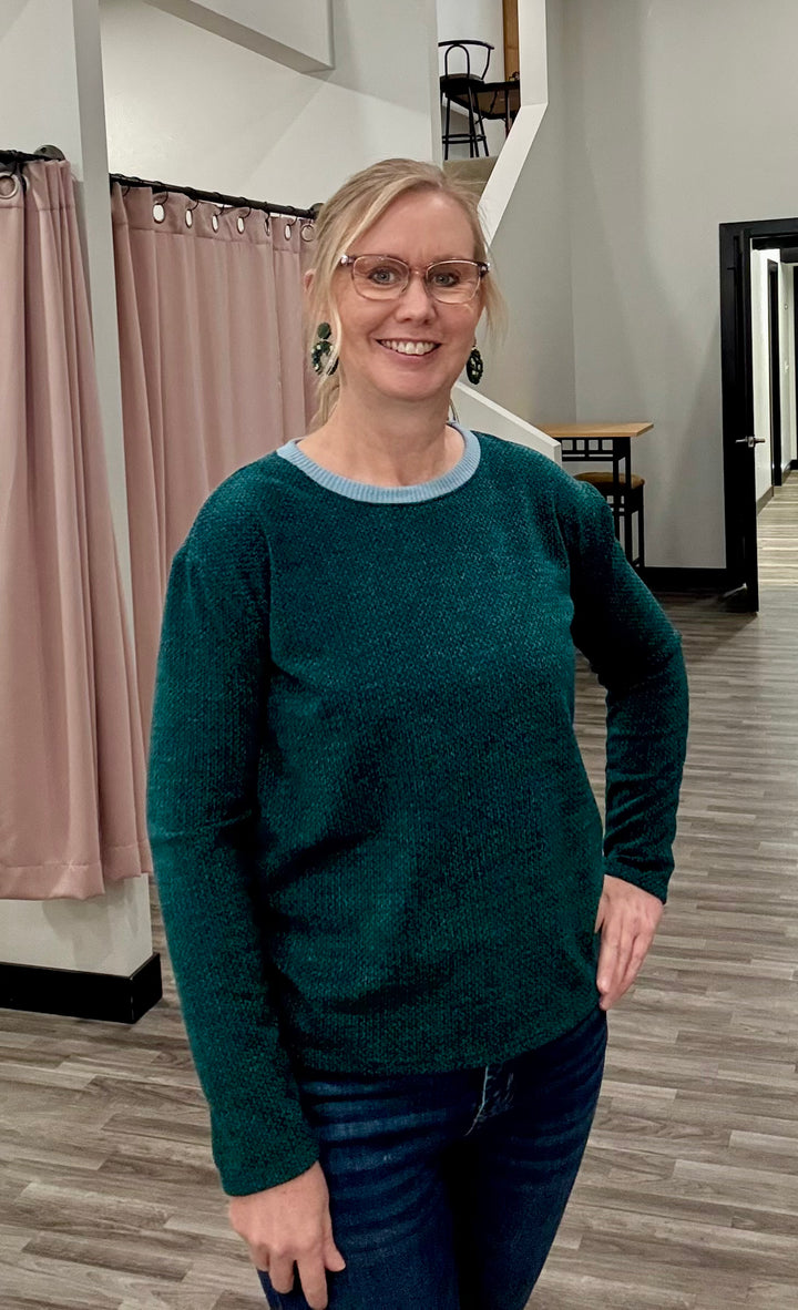 Green Round Neck Blue Contrast Sweater