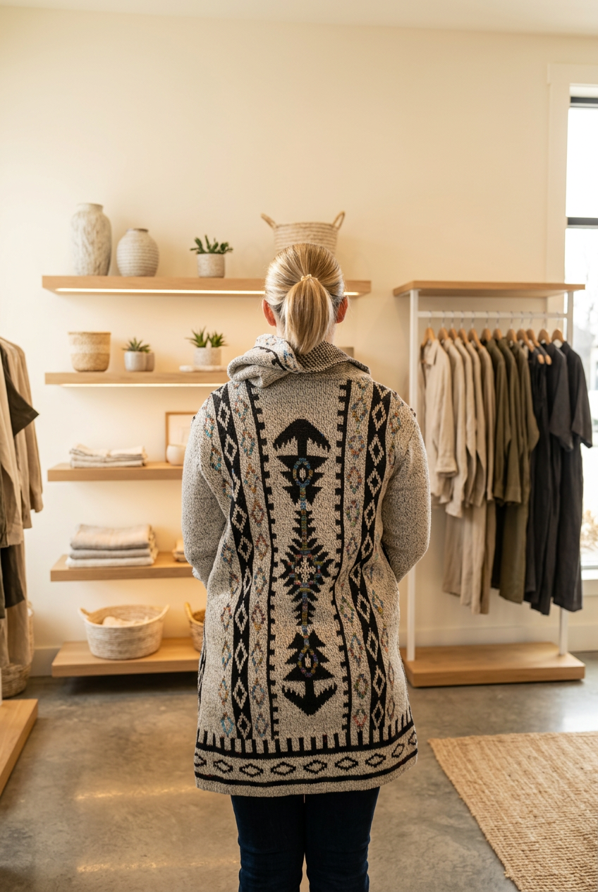 Third cardigan photo with lifestyle boutique background