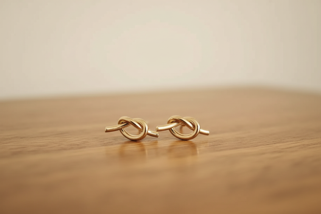 Gold knot stud earrings propped on a warm wooden table with soft natural light