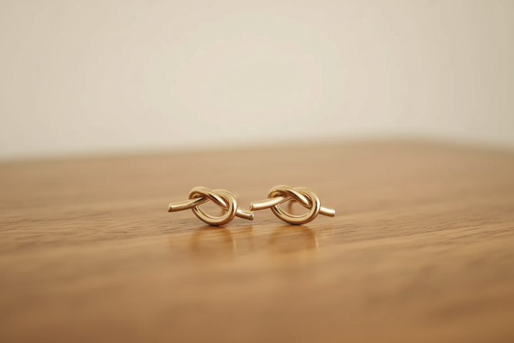 Gold knot stud earrings propped on a warm wooden table with soft natural light