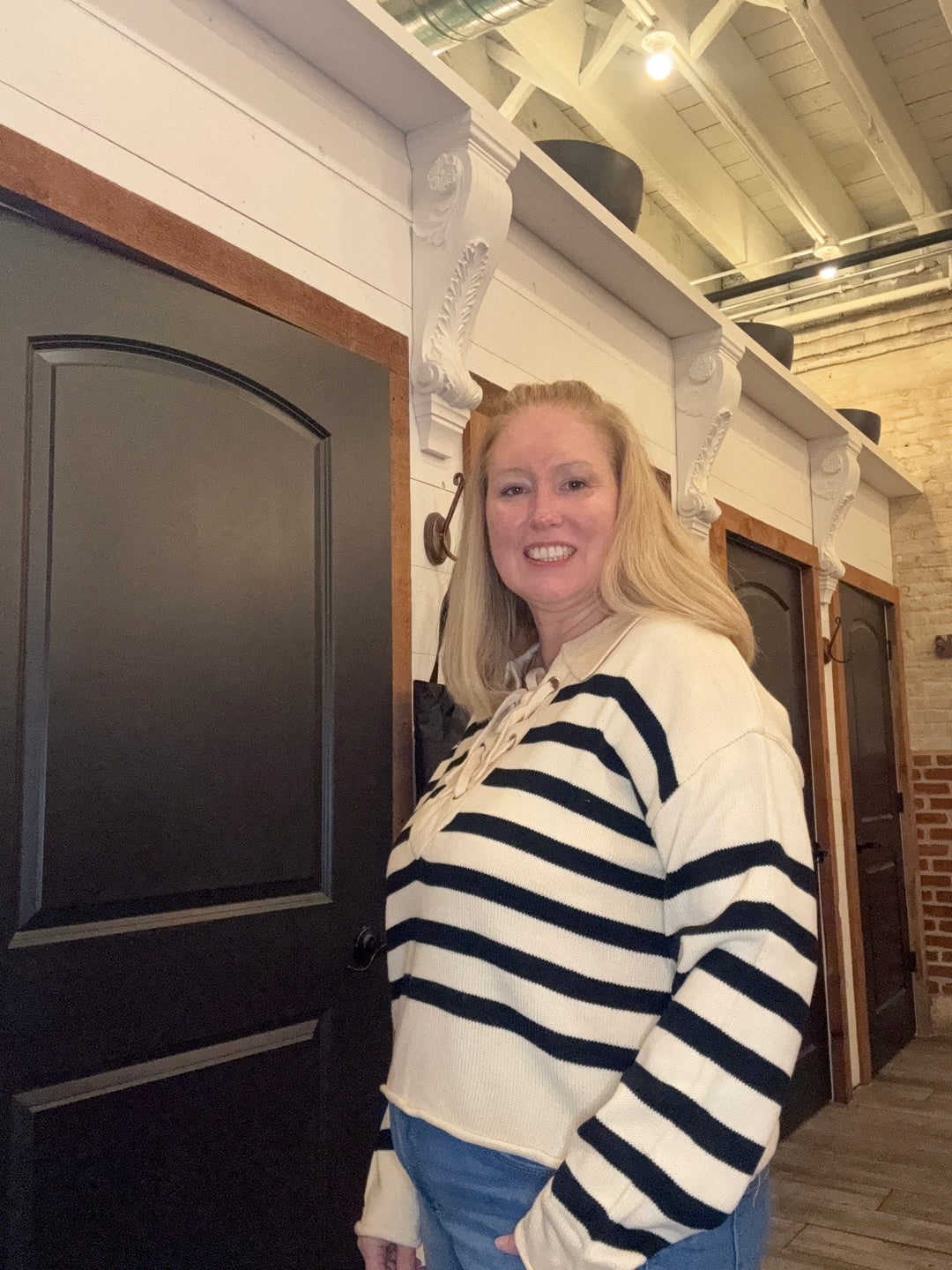 Womens Lace Up Collared Striped Sweater