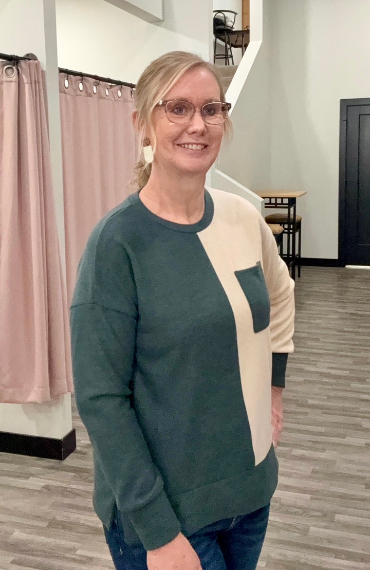 Green/Cream Two Tone Color Block Top
