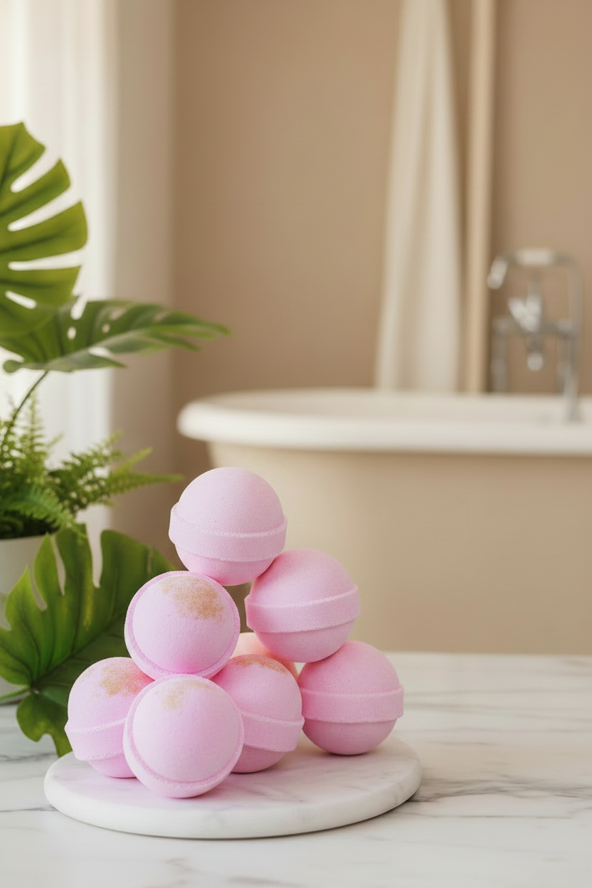 Pink bath bombs stacked near a bathtub in warm neutral spa tones
