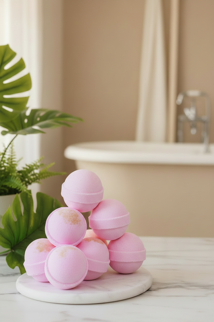 Pink bath bombs stacked near a bathtub in warm neutral spa tones