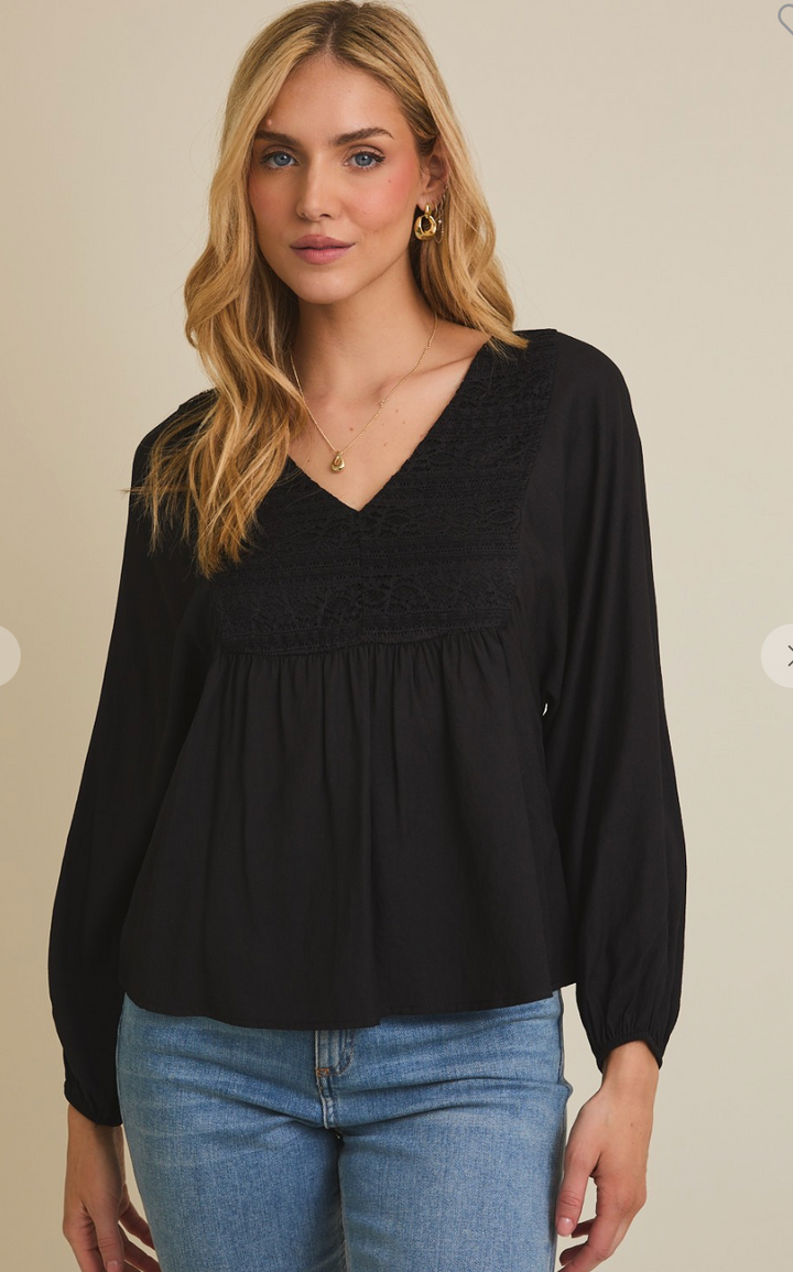 Black Lace Trim Button Up Flare Hem Top