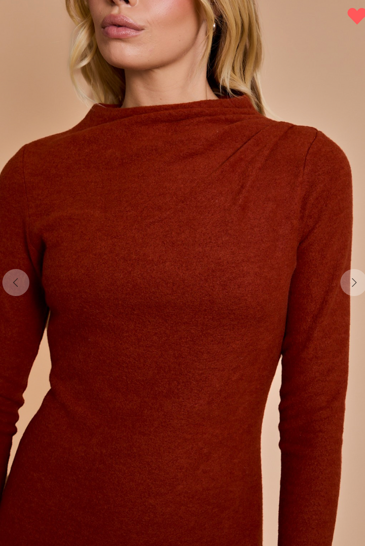 Mock Neck Shoulder Shirring Detail Midi Dress