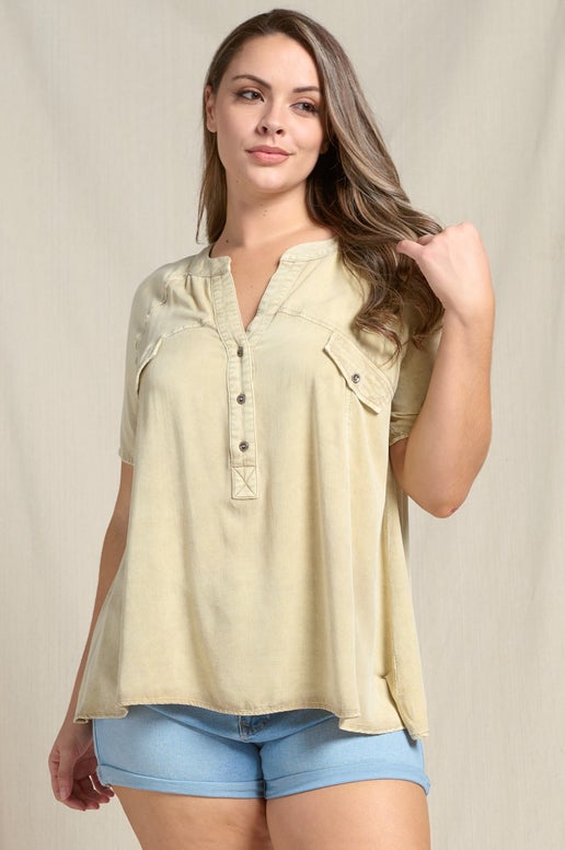 Mineral Washed Raglan Short Sleeve Oversized henley Top