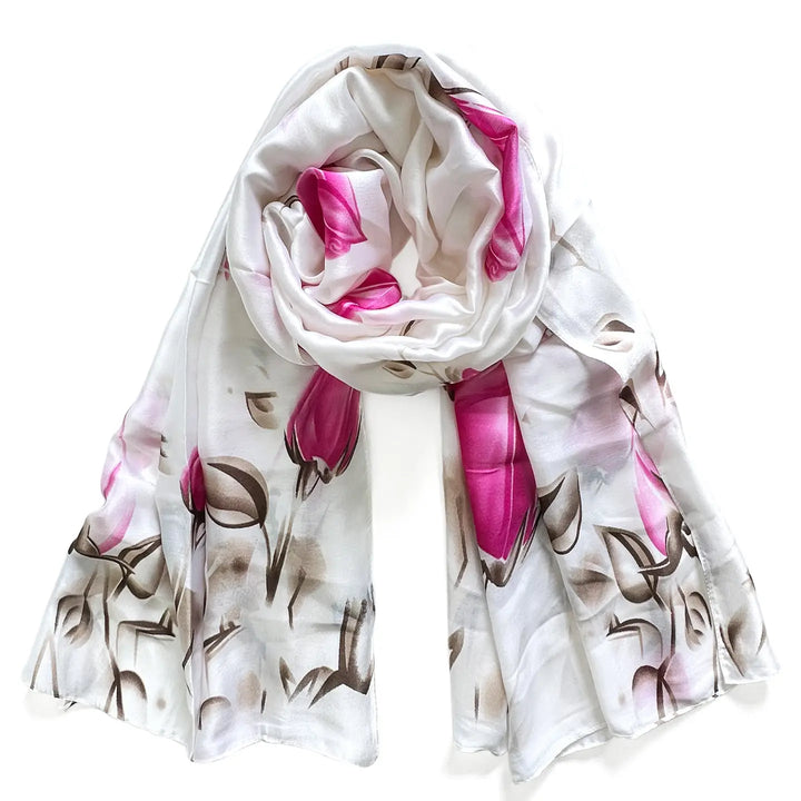 White &amp; Pink Rose Floral Lightweight Scarf