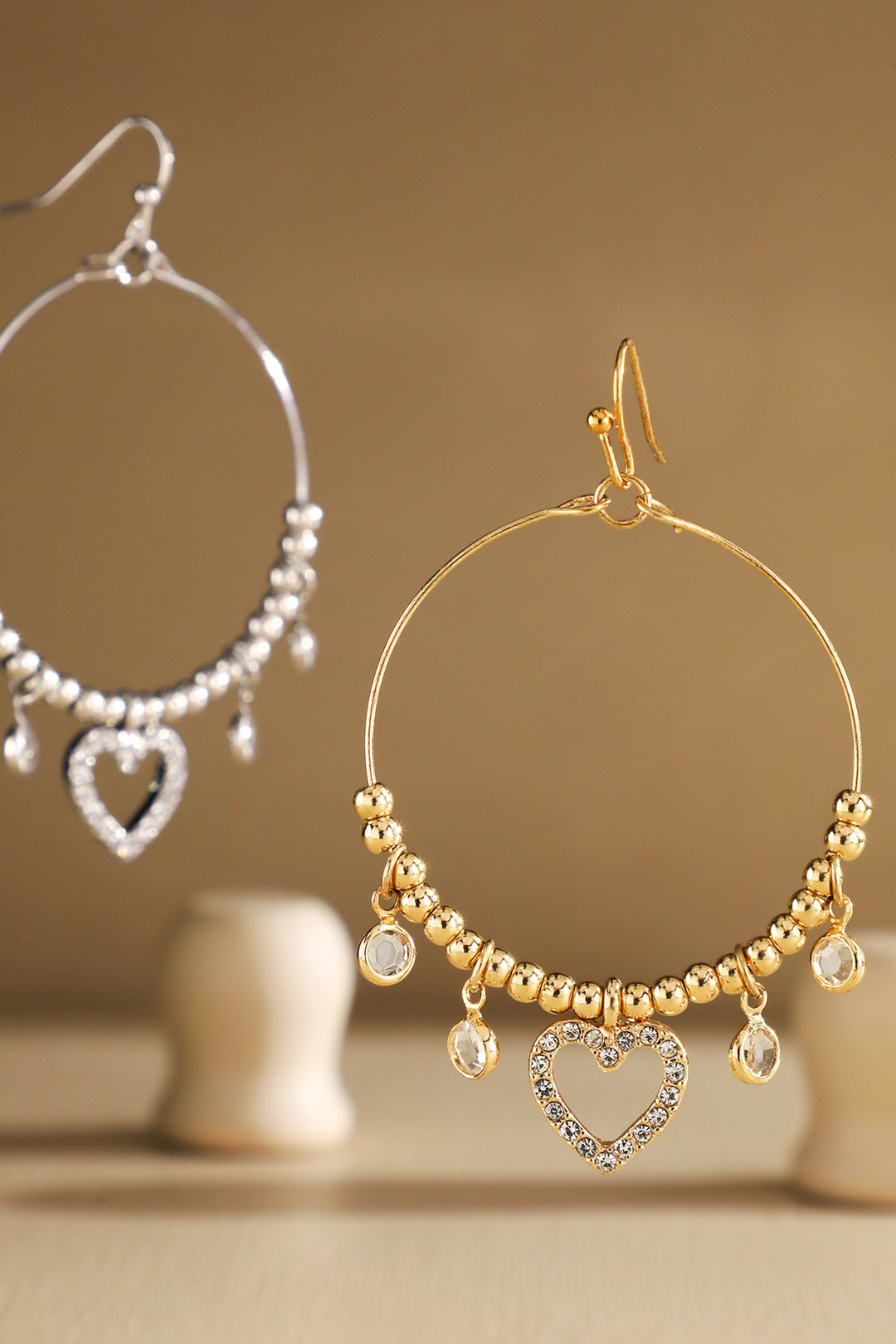 Gold Wire Circle Earrings with Pave Heart Accents