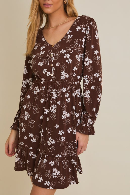 Brown/Cream Floral Button Down Dress