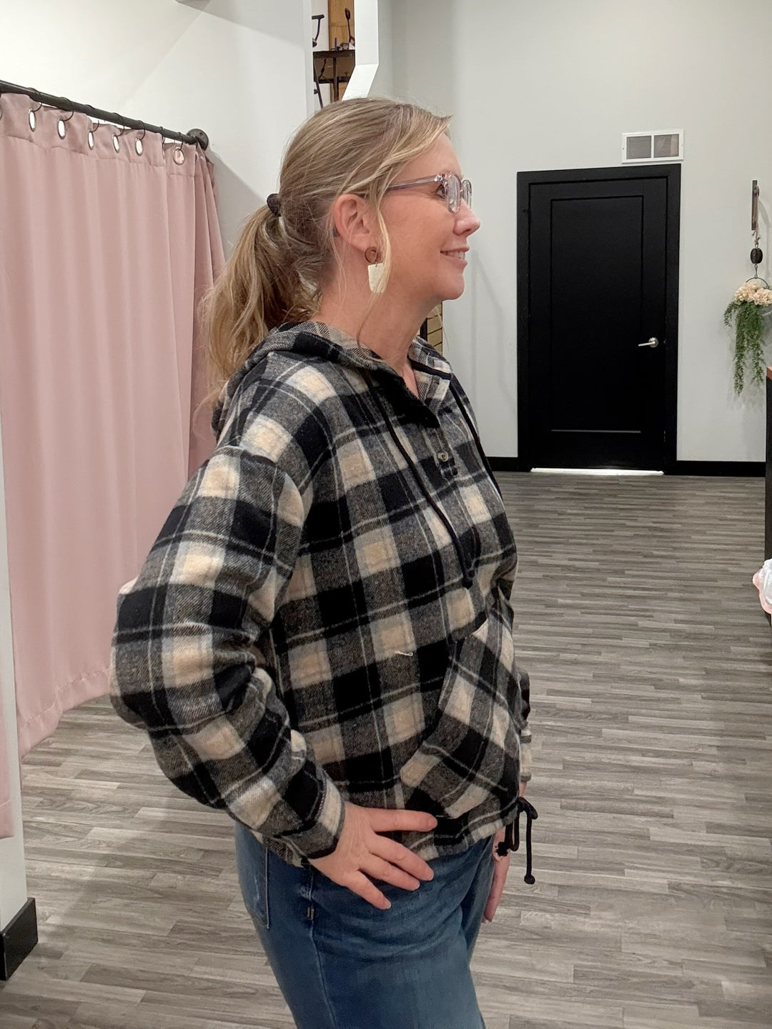 Black Combo Flannel Pullover Hoodie