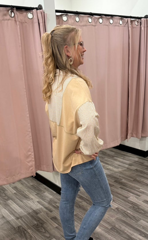 Camel Stripe Mix Half-Zip Sweatshirt