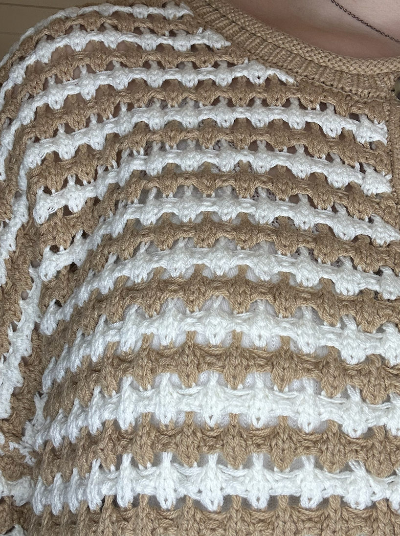 Khaki Stripe Short Sleeve Crochet Knit Cardigan