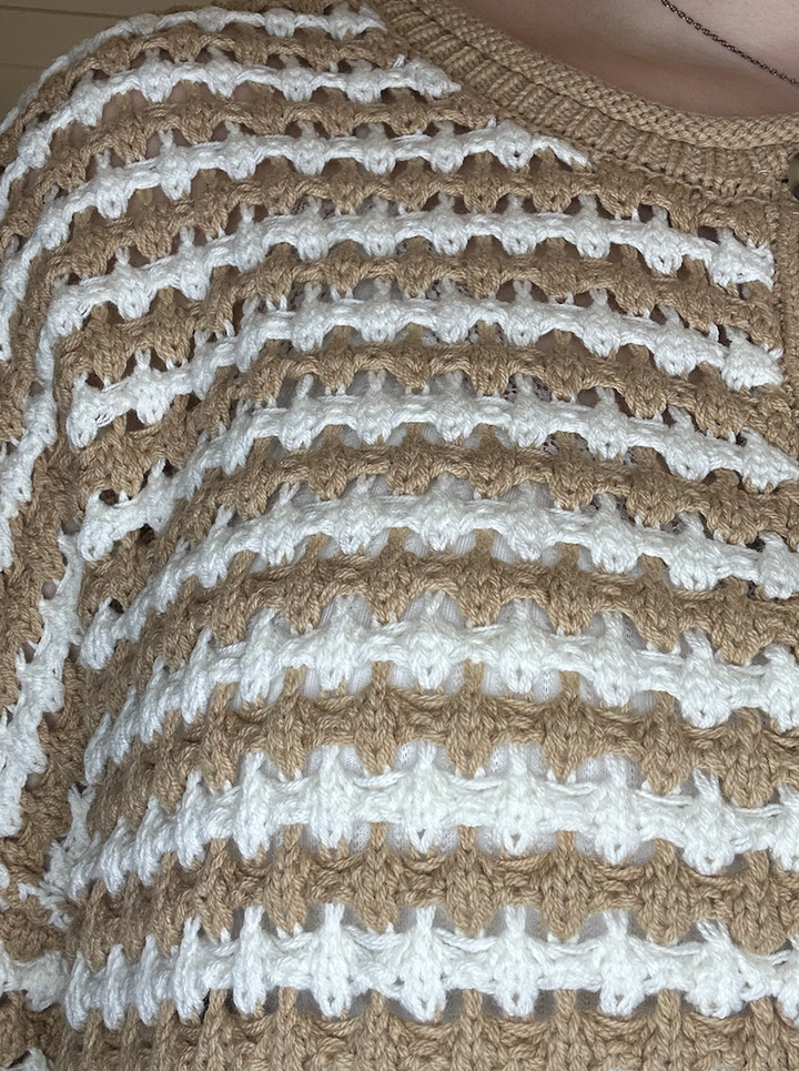 Khaki Stripe Short Sleeve Crochet Knit Cardigan