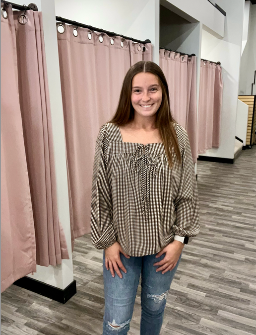 Long Sleeve Square Neck Check Print Top