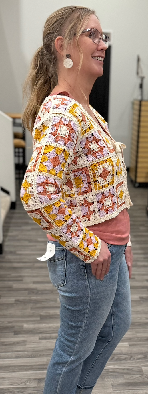 Boho Crochet Tie-Front Cropped Cardigan – Granny Square Knit