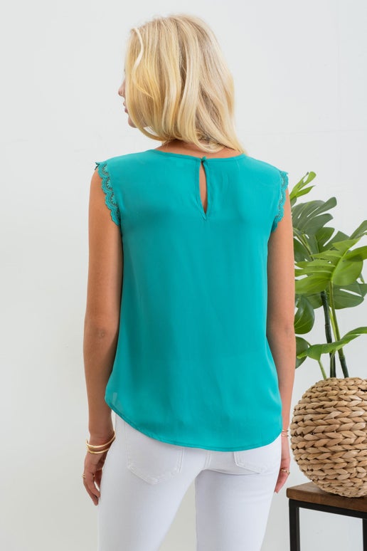 Emerald Lace Trim Pleated Top