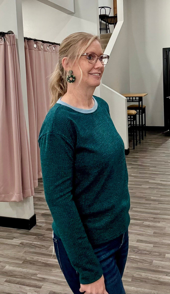 Green Round Neck Blue Contrast Sweater