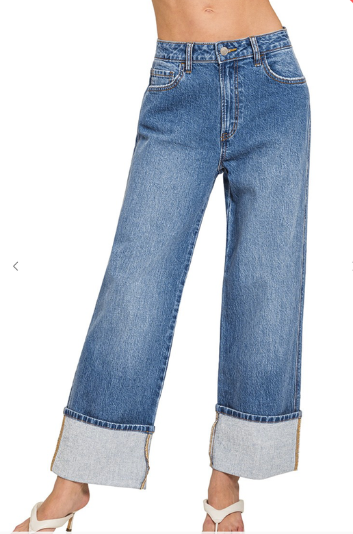 High Rise Cuffed Wide Leg Jeans