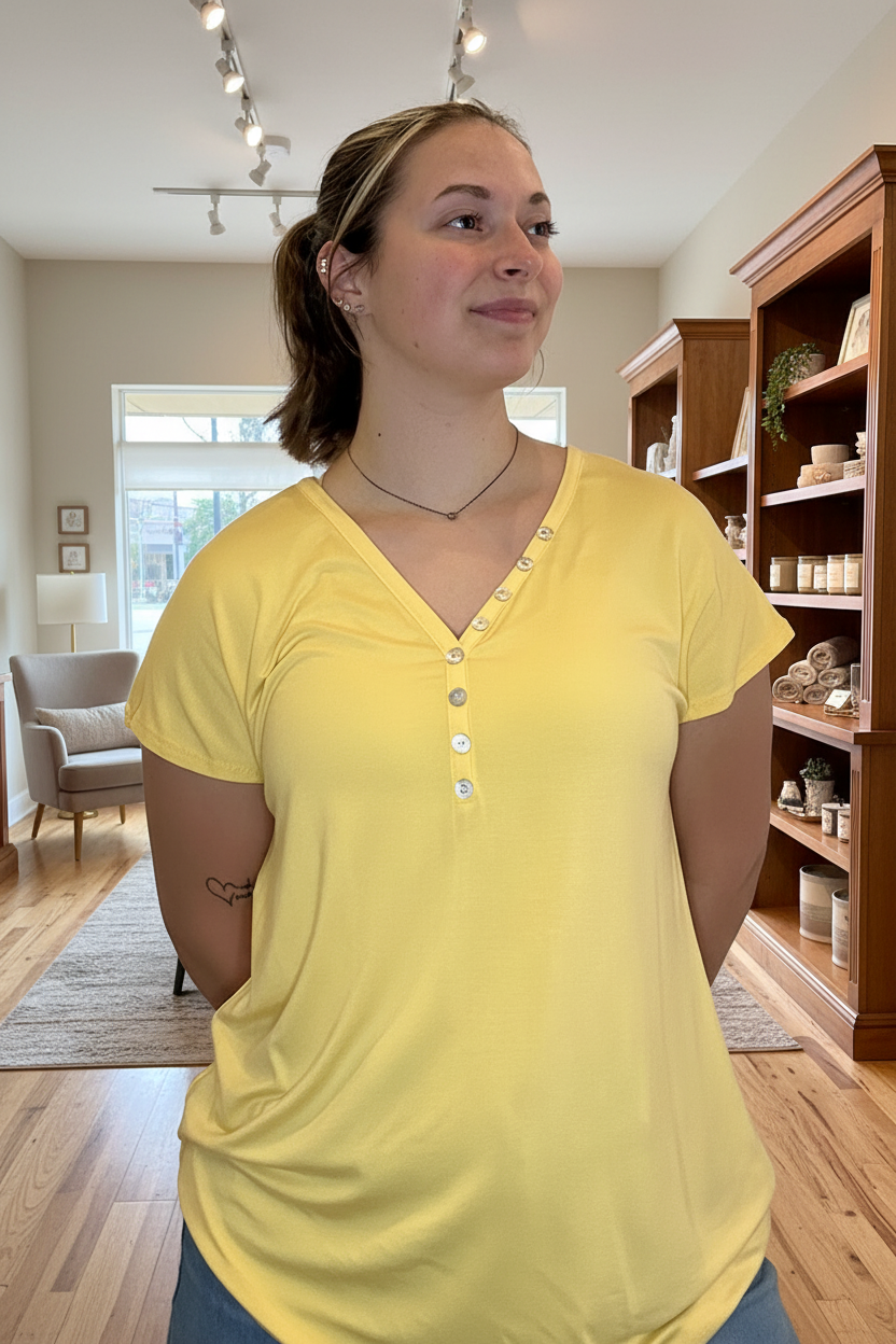 Yellow Henley Tee - Front - Boutique Background