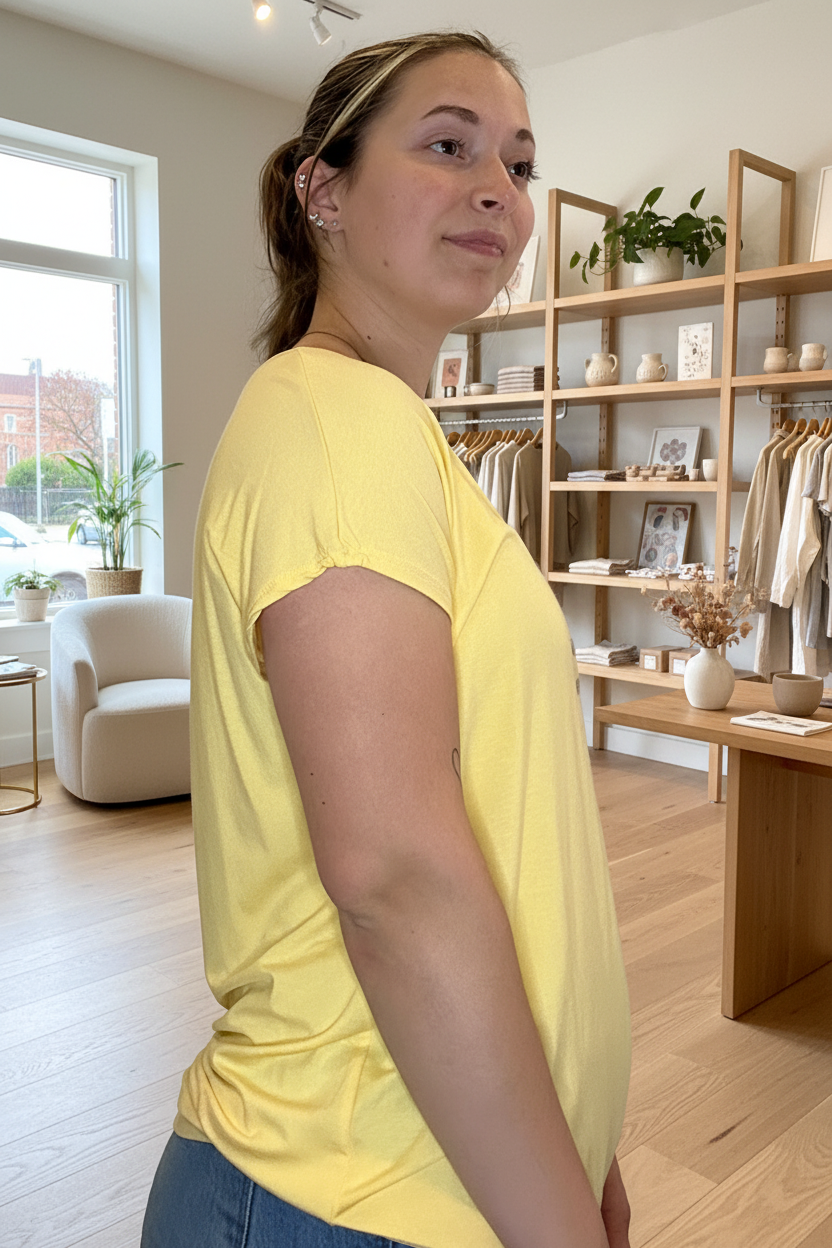 Yellow Henley Tee - Side - Boutique Background